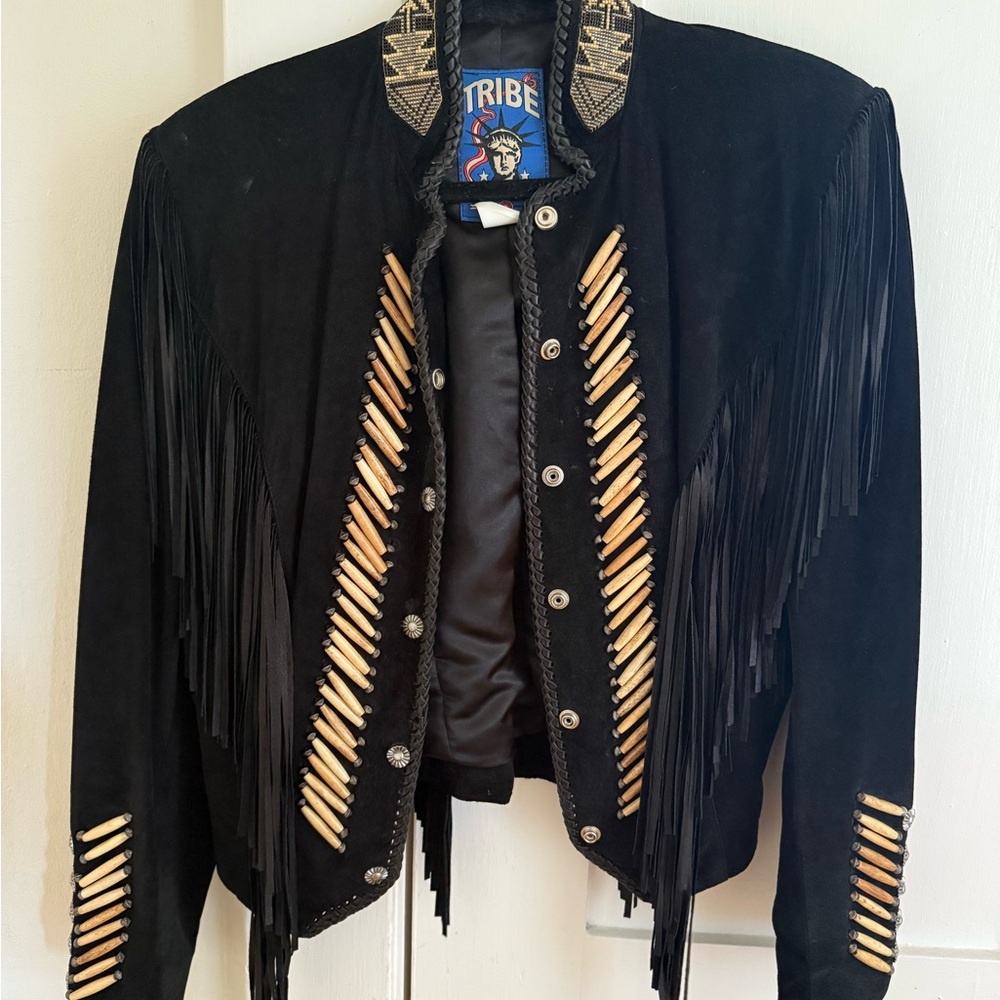 Black Fringe Jacket with Tribal Accents